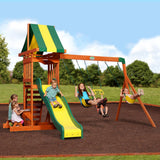 Sunnydale Cedar Swing Set with green and yellow canopy, speedy slide, two belt swings and a trapeze bar