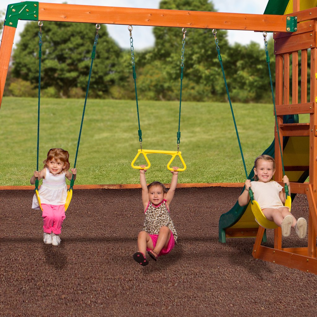 Children on the two belt swings and trapeze bar of the Sunnydale Cedar Swing Set