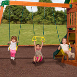Children on the two belt swings and trapeze bar of the Sunnydale Cedar Swing Set